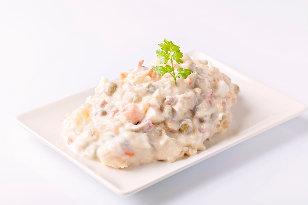 Ensaladilla,Rusa,,Potato,Salad,With,Mayonnaise,On,White,Background