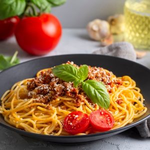 Pasta,Spaghetti,Bolognese,With,Minced,Beef,Sauce,,Tomatoes,,Parmesan,Cheese